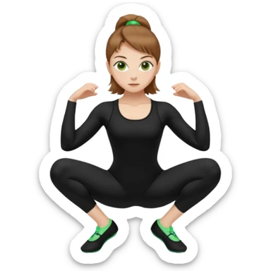 Beautiful woman with light brown shoulder length hair popping a squat without any weights. Make her with a little lighter, brown hair and green eyes. Make her fair skinned and wearing a black workout suit. make her wearing black ballet flats. sticker