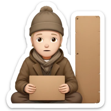 A tired homeless man wearing a worn brown coat and beanie, sitting quietly with a cardboard sign in his hands.
 sticker