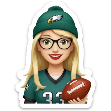 full length women wearing eagles uniform, long blonde hair, bangs, green eyes, black rectangle glasses, holding football, number 33, smiling, lipstick, eagles beanie sticker