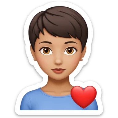 woman pixie cut dark brown hair, tan skin, brown oval eyes, heart shaped face sticker