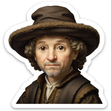 emoji of rembrandt,-shown-as-a-master-artist-with-deep,-introspective-eyes-and-richly-detailed-period-clothing,-rendered-with-dramatic-chiaroscuro-lighting-that-emphasizes-his-legacy brown puffy hat sticker
