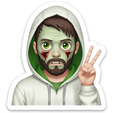 zombie making peace sign, undercut hairstyle with dark brown hair, short full beard, heterochromia with one green eye and one brown eye, wearing plain white hoodie with hood up sticker