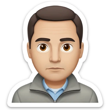 Hispanic actor in his 50s with light skin, round face, wide jaw. Lively brown eyes, thick eyebrows. Short brown hair with receding hairline. Neutral-serious expression. Wearing a casual gray jacket. sticker