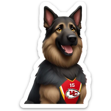 black long haired German Shepherd dog wearing a Kansas City Chiefs jersey with number 15 on the jersey  sticker