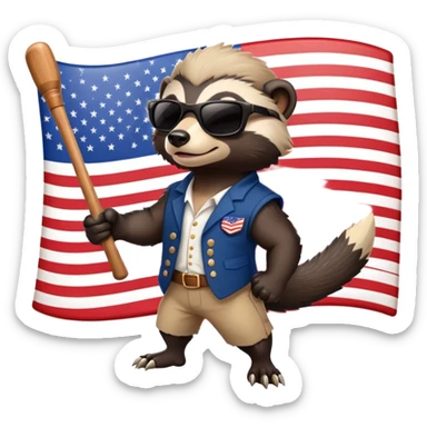 friendly anthropomorphised honey badger in USA Independence Day outfit, wearing sunglasses, carrying a club, dynamic pose sticker