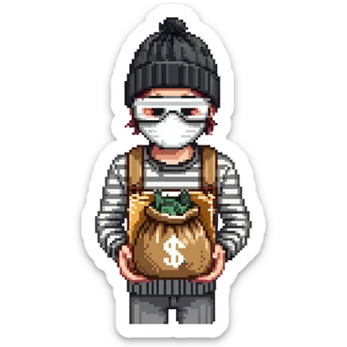 burglar with black and white striped shirt, black beanie, black mask over eyes, holding a moneybag sticker