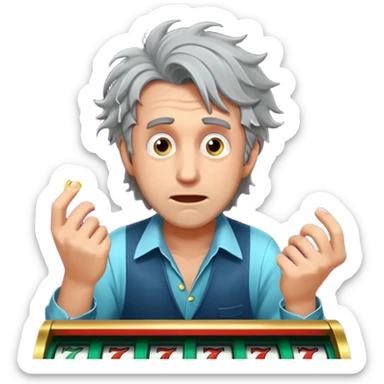 disheveled man losing money at a slot machine, panicked face, coins flying sticker