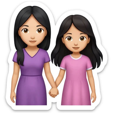Asian Young mother with black long hair and 11 years old Asian daughter with long brown hair  sticker