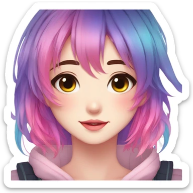 Gorgeous anime style shojo character with blushing face aesthetic and pretty colorful shiny gradient neon hair with hair garment trending style sticker