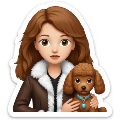 A white girl with a long brown straight hair and wearing a fur white jacket holds a brown poodle sticker