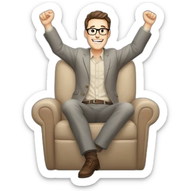 Joyful Celebrating victory Hands up Pale skinned Fit Man With dark brown hair in gray jacket, beige office shirt, Brown pants and vintage glasses sitting In a soft chair sticker