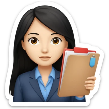 a light tan woman with long black hair past mid-back, round brown eyes and manila folder in her hands sticker