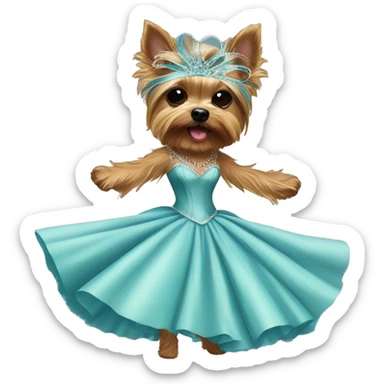 Yorkie dancing in a ballgown with a masquerade mask sticker