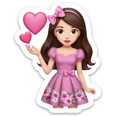 Chocolate brown clothes emoji, inspired with brunette hair, brown eyes, long hair, heart shape lips and pink make up  and pink nails, mauve pink blush and floral pink dress, half up hair with white bow peaking on the sides, white heels  sticker