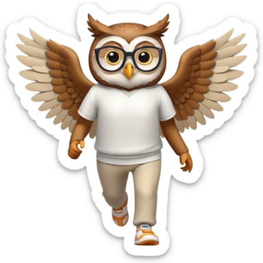 friendly anthropomorphised owl with wings instead of arms, in pants and a shirt, wearing glasses, jogging upright, relaxed pose sticker