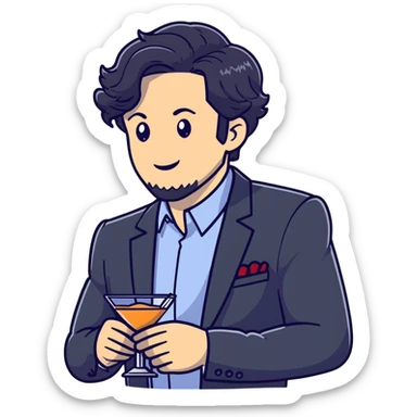 Management educator with black wavy hair, stubble, strong features, white skin, smart casual attire, mingling at a business networking reception, engaged in dynamic conversation with other professionals, cocktail event setting sticker