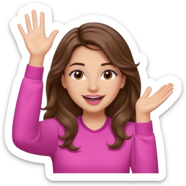 girl with long wavy brown hair, brown eyes, light to medium complexion, in a pink shirt, pink lips, long lashes, puckered lips, both hands in the air cheering sticker