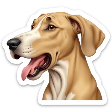 Cinematic Cute Yawning Fawn Great Dane Portrait Emoji, Head tilted slightly with a dramatic, wide-open yawn, revealing a smooth fawn coat with a refined texture, floppy ears slightly drooping, round amber eyes barely open in drowsy contentment, Simplified yet irresistibly adorable features, highly detailed, glowing with a soft, cozy glow, high shine, relaxed yet expressive, stylized with a touch of whimsy, bright and endearing, soft glowing outline, capturing the essence of a sleepy yet affectionate guardian, so drowsy it feels like it could stretch out of the screen and curl up for a nap! sticker