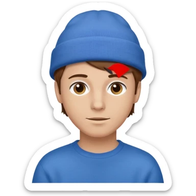 uomo giovane, capelli marroni, pelle chiara, cappello blu e maglione marrone chiaro sticker