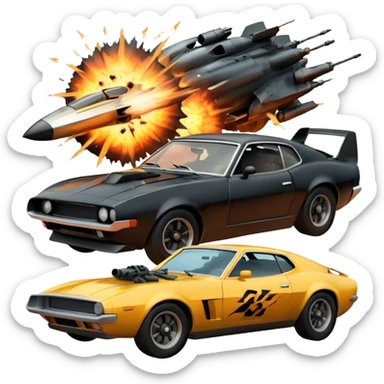 Photorealistic Icon for Action Movies: Dynamic close-up collage of iconic action movie scenes featuring explosions, fast car, combat and weapons. Include silhouettes of famous action heroes, dramatic lighting and a sense of high-octane energy. Transparent background. sticker
