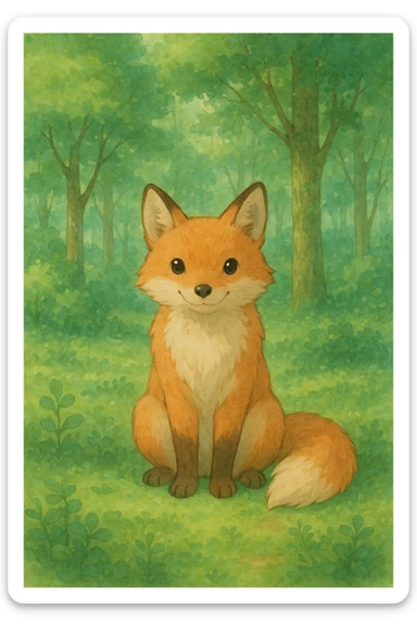 a friendly fox sitting in a lush green forest, soft colors, whimsical atmosphere, ghibli style sticker