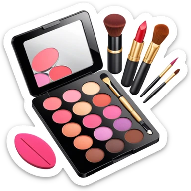 icon featuring professional makeup brushes, a high-quality lipstick, a sleek eyeshadow palette, a makeup sponge and a set of tools like tweezers and eyeliner pencil. The design highlights the precision and artistry of makeup with detailed textures and realistic lighting. Transparent background. sticker