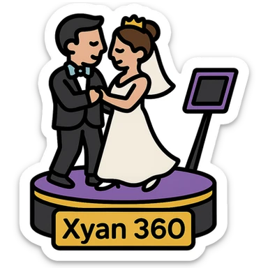 small simple icon of a white bride and groom dancing on a 360 spin booth with an iPad as the camera for the booth, 'Xyan 360' signage, purple gold and black accents, luxury wedding event style sticker