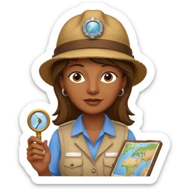 55-year-old female archaeologist, brown skin, wearing an archaeologist hat, small map beside her sticker