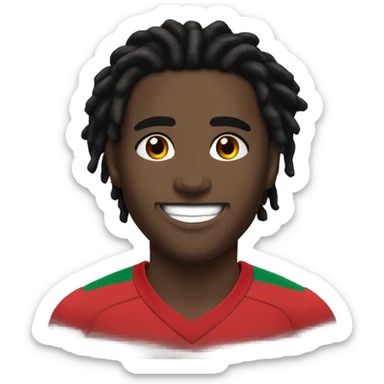  Young black man- 4 inch short dark black messy dread locks-  mad eyebrows - low dark brown eyes - no facial hair - laughing - Portugal jersey - lean muscle - nice smile  sticker