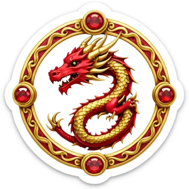 Golden dragon crest / brosch in a circle with red gems and no background sticker