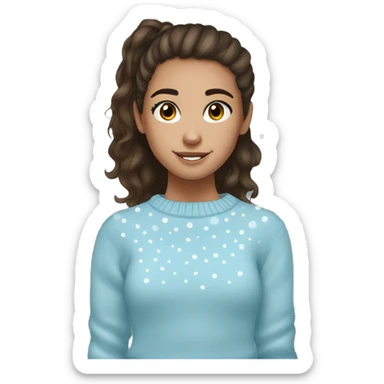 teenage girl, hispanic, freckles, afro brown hair, pony tail, short hair, brown eyes, light blue sweater, winter sweater, freckles, face dots sticker