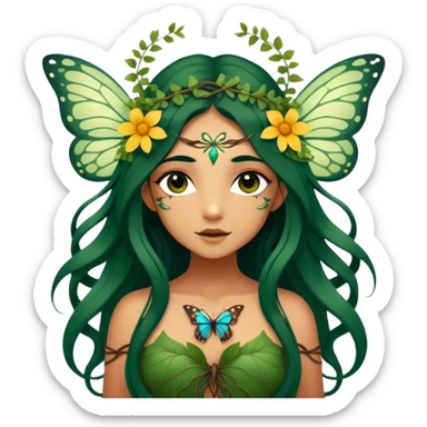 Cinematic Realistic Forest Nymph Fairy Portrait, depicted with lifelike, sun-kissed tanned skin that radiates an earthy glow, softly illuminated by natural, dappled light. Her long, flowing dark green hair is intricately detailed and interwoven with delicate vines and wildflowers, while her deep, soulful eyes mirror the wisdom of the forest. Dressed in an attire inspired by nature’s palette—with subtle botanical motifs—the portrait exudes a soft, enchanted glow that melds realism with woodland magic showing her large butterfly wings from her back. sticker