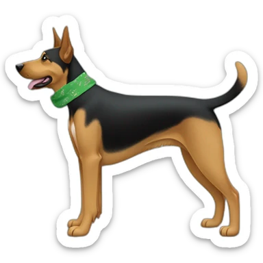 75% Coonhound 25% German Shepherd mix dog wearing small plain green bandana side view full body in profile left facing sticker