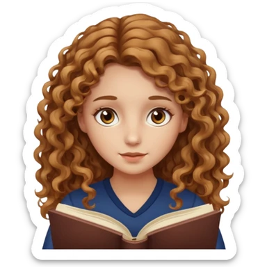 girl with brown light hair long curly, ambre eye, reading a book sticker