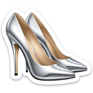 A pair of high heel shoes emoji made of polished silver chrome, elegant sharp silhouette, smooth metallic surface, glossy reflections, luxury sexy vibe, minimalistic iOS emoji style, centered, clean white background sticker