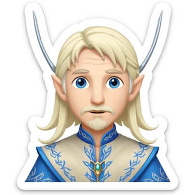 elf prince with pointy ears, white skin, silverblond shoulder-length hair, blue eyes, Chin beard, no crown or hat sticker