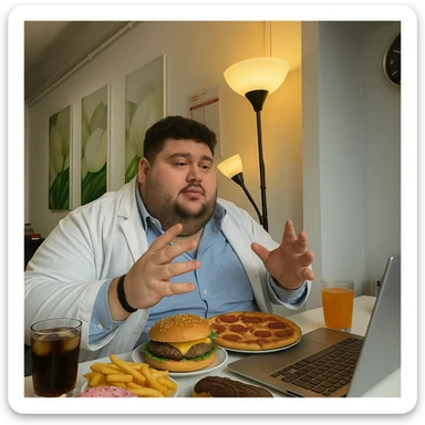 Create a hyperrealistic 4K image of the same person from the reference photo, but in a fat and obese version, sitting at the same table with a huge, indulgent, and caloric meal including hamburger, fries, pizza, desserts, and drinks. The atmosphere and environment should be realistic and similar to the reference photo. sticker