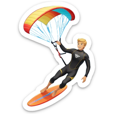 An athlete in a wetsuit, gliding above the waves on a kiteboard, holding onto a paraglider in the sky. The backdrop features a vibrant blue sky and rolling ocean waves, capturing the thrill and skill of the sport with a sense of freedom and adventure. sticker