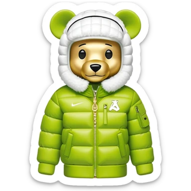 classic geometrical bearbrick with cubic body structure, lime balaclava with built-in single visor lens, Nike logo puffer jacket with luxurious white fur collar and cuffs, designer streetwear, gold chains sticker