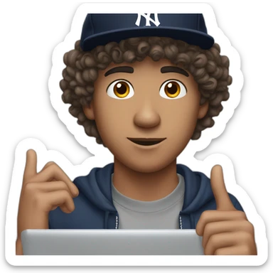 20yo curly hair mexican man with a MacBook and a yankees cap sticker