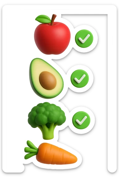 emoji stile iphone in 3d di cibo sano che fluttua in aria vericalmente insieme a spunte verdi di verificato, iperrealistico 4k sticker