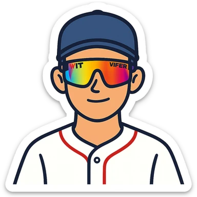flat toon style baseball guy with brown hair, no beard, baseball cap, and Pit Viper sunglasses sticker