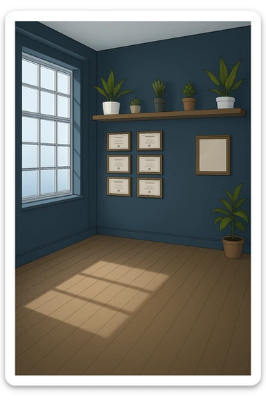 PRENDI SPUNTO DAI COLORI E DALLO STILE DELLA STANZA CON L'UOMO CON IL CAMICE E faMMI QUESTA STANZA VUOTA STILE MANGA/WEBTOON A COLORI SENZA LE PERSONE, SOLO LA STANZA. FALLA MOLTO PIù LUMINOSA, NON LUCI GIALLE sticker