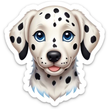 Cinematic Cute Spotted Dalmatian Portrait Emoji, Head tilted playfully and inquisitively, featuring a glossy Fur of predominantly white with dynamic black patches, round, sparkling blue eyes filled with gentle curiosity, Simplified yet irresistibly adorable features, highly detailed, glowing with a warm, friendly glow, high shine, affectionate and gentle, stylized with a touch of whimsy, bright and endearing, soft glowing outline, capturing the essence of a mischievous yet loving pup, so playful it feels like it could lumber out of the screen and into your arms! sticker