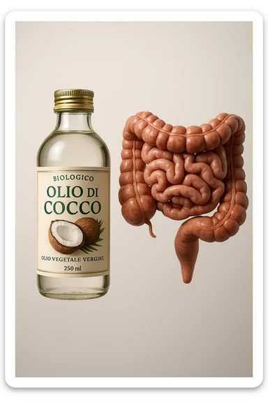 BOCCETTA DI OLIO DI COCCO BIOLOGICO (FAI UN ETICHETTA SUL PRODOTTO IN ITALIANO) CHE FLUTTUA IN ARIA INSIEME A UN INTESTINO UMANO ANATOMICO IN PERFETTA SALUTE, SFONDO CHIARO, iperrealistico 4k sticker