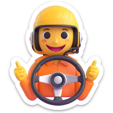 3D smiley emoji, round shape, wearing Formula 1 helmet, holding steering wheel, sporty face, transparent background (Formula 1) sticker