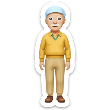 A 3D cartoon elderly man entirely yellow, styled like Grandpa Simpson, bald head with few hair strands, wrinkled face, yellow shirt and trousers, kind smile, cinematic Memoji-style render matching other Simpsons characters. sticker