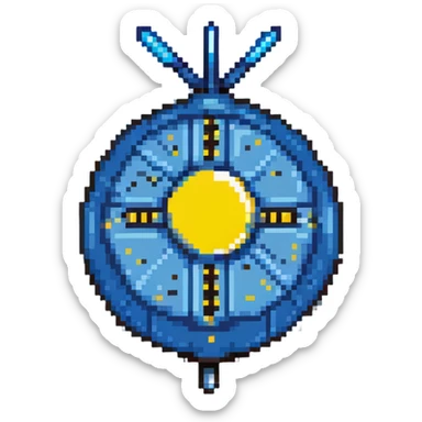 Blue digital bomb with blue antenna-like fuse at the top, round black bomb body with blue accents, pixel art style sticker