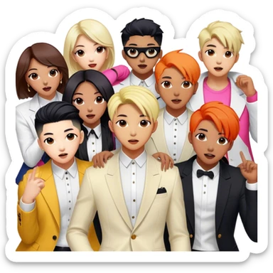 Cinematic Realistic BTS Portrait Emoji, depicted as a dynamic energetic portrayal of the global K-pop group with stylish modern attire and vibrant expressions, rendered with rich textures and bold contemporary lighting that captures their youthful charisma. sticker