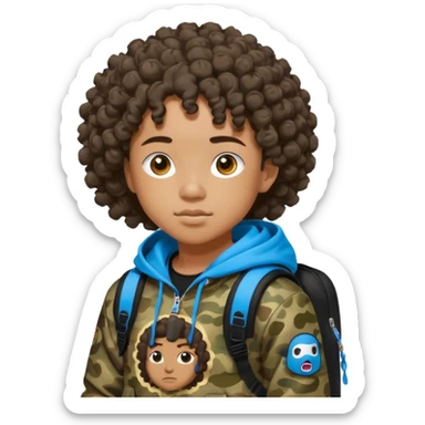 blasian teenager with curly hair, and bape x sprayground hoodie and sprayground backpack sticker